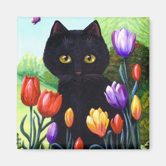 Tulips Niedlich Black Cat Butterfly Creationarts Magnet (Vorne)