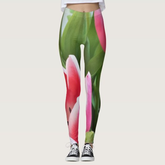 Tulips Rosa Gelbe Blüten Blumenblumen Leggings (Vorderseite)