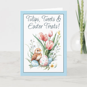 Tulips, Tweet & OsterLeckereien blau eingeklappt Feiertagskarte