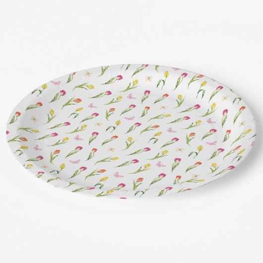 Tulips und Schmetterlinge Weißes Muster Pappteller (Schrägansicht)