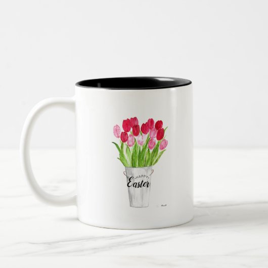 Tulips Wasserfarbe Rosa Blütenfröhlichkeit Ostern Zweifarbige Tasse (Links)