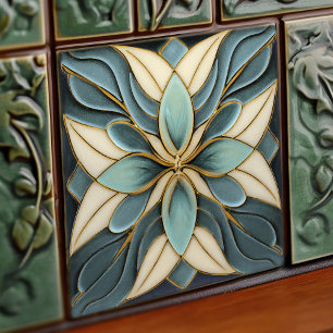 Tulpen auf gedämpftem Blau Art Nouveau Weiß Fliese
