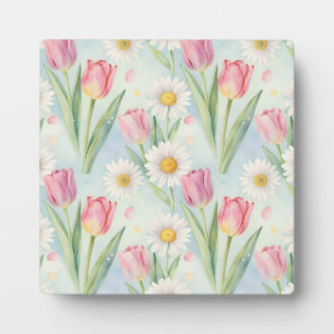 Tulpen-Daisy-Wasserfarben-Frühlingsmuster in Rosa Fotoplatte