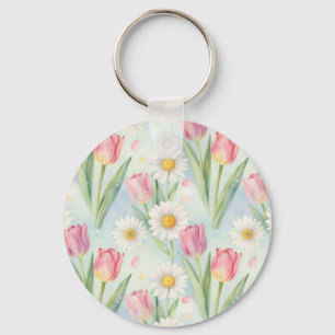 Tulpen-Daisy-Wasserfarben-Frühlingsmuster in Rosa Schlüsselanhänger