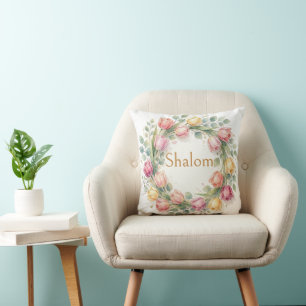 Tulpen-Eukalyptus-Kranz, Shalom Watercolor Gold Kissen