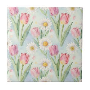 Tulpen-Gänseblümchen-Wasserfarben-Frühlingsmuster Fliese