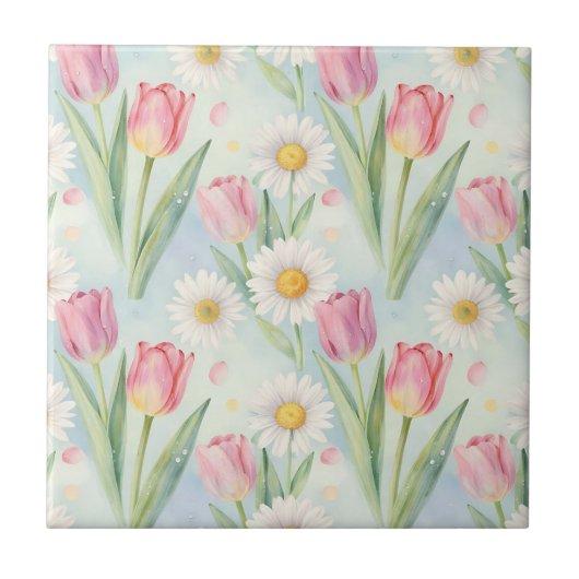 Tulpen-Gänseblümchen-Wasserfarben-Frühlingsmuster  Fliese (Vorderseite)