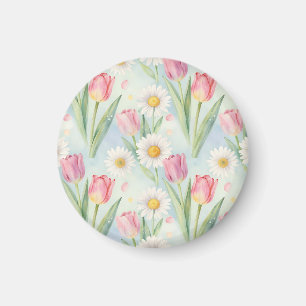 Tulpen-Gänseblümchen-Wasserfarben-Frühlingsmuster Magnet