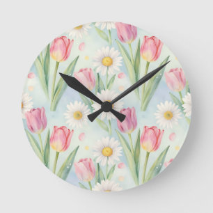 Tulpen-Gänseblümchen-Wasserfarben-Frühlingsmuster  Runde Wanduhr