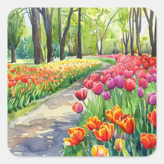 Tulpen im Park Quadratischer Aufkleber (Vorderseite)