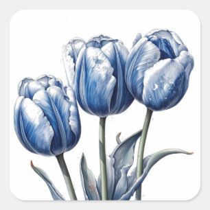 Tulpen in Delfter Blau Quadratischer Aufkleber