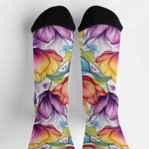 Tulpen in Rosa Lila Gold Vintage-Alkohol-Tinte Socken