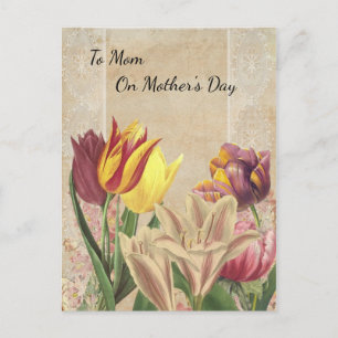 Tulpen Krokusse auf Beige Vintage Tapete Mütter Postkarte