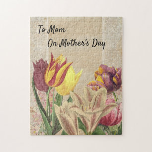 Tulpen Krokusse auf beigem Vintage-Tapetenmuster Puzzle