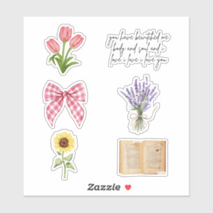 Tulpen, Lavendel, Sonnenblume & Vintage-Buch Aufkleber