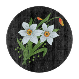 Tulpen und Osterglocken Blumen schwarzer Hintergru Schneidebrett