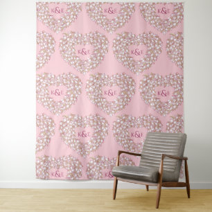 Tulpen weiß rosa Monogramm Hochzeitshintergrund Wandteppich