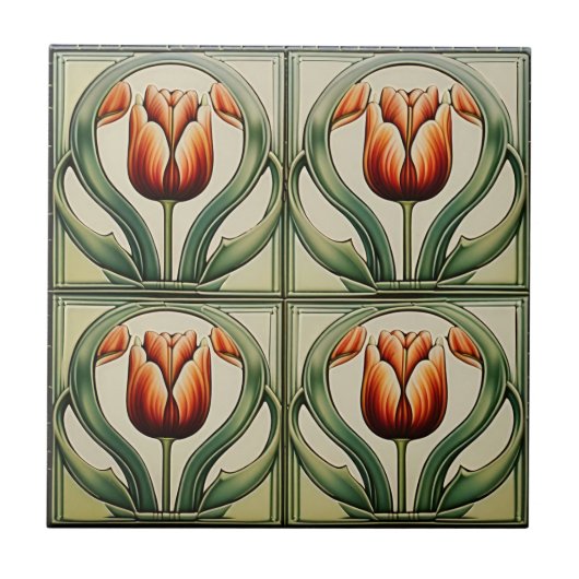 Tulpen zu Symmetric Art Nouveau Keramik Tile Fliese (Vorderseite)