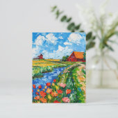 Tulpenfelder mit Scheune und Bach Fantasy-Malerei Postkarte (Stehend Vorderseite)
