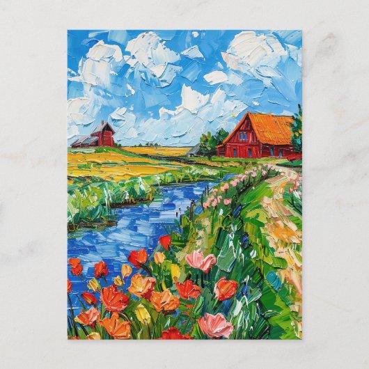 Tulpenfelder mit Scheune und Bach Fantasy-Malerei Postkarte (Vorderseite)
