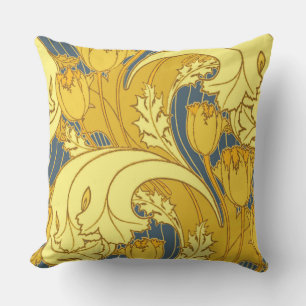 Tulpenmusterdruck: Gelbblaue Art Nouveau Kissen Für Draußen
