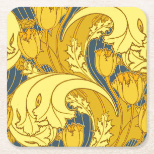 Tulpenmusterdruck: Gelbblaue Art Nouveau Rechteckiger Pappuntersetzer