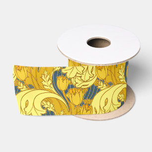 Tulpenmusterdruck: Gelbblaue Art Nouveau Satinband