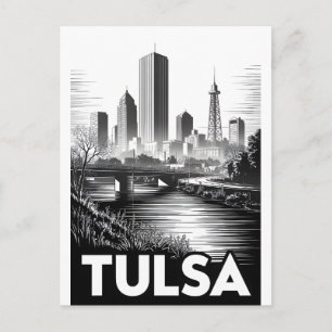 Tulsa Oklahoma Skyline Schwarz Weiß Holzschnitt Postkarte