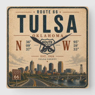 Tulsa Route 66 Zeitreisender Quadratische Wanduhr