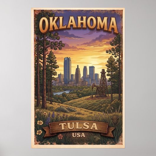 Tulsa Skyline Sonnenuntergangsillustration Poster (Vorne)