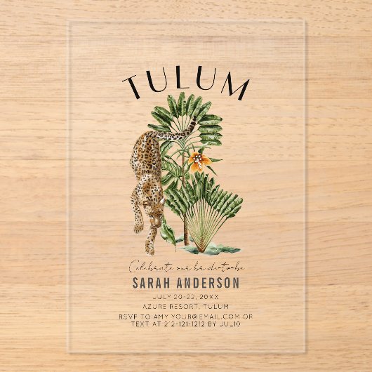 Tulum Leopard Bachelorette Wochenende Acryleinladungen (Vorderseite)