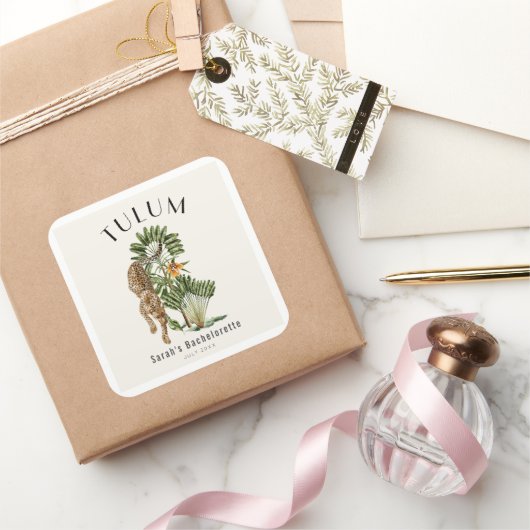 Tulum Leopard Tropical Bachelorette Wochenende Quadratischer Aufkleber (Schenken)