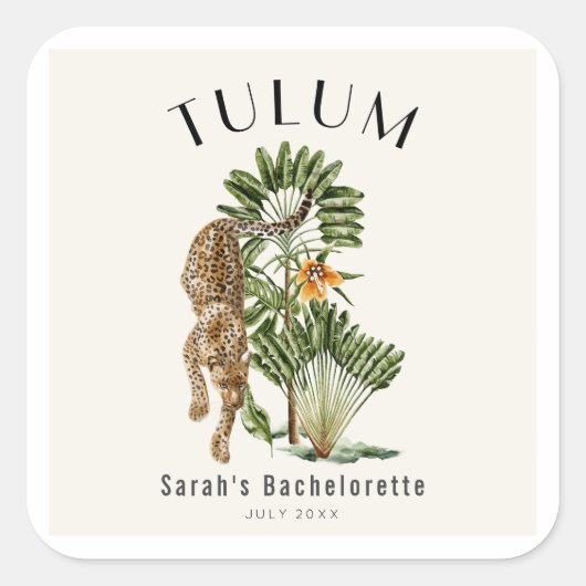 Tulum Leopard Tropical Bachelorette Wochenende Quadratischer Aufkleber (Vorderseite)