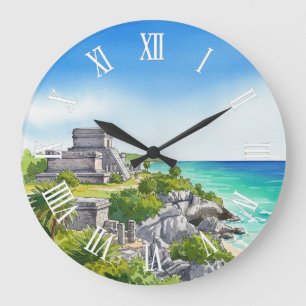 Tulum Mexiko Aquarell Große Wanduhr