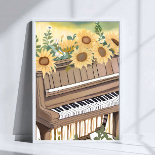 Tune in Bloom   Aquarell-Sonnenblumen-Blumenpiano Poster