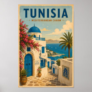 Tunesien Landschaftsillustration Reise Kunst Vinta Poster