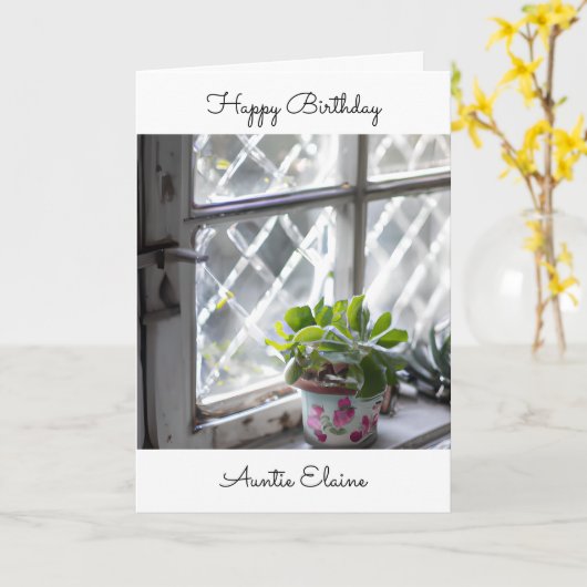 Tuntie Birthday | Hübsche Pflanze im Fenster Karte (Gelbe Blume)