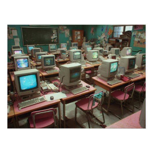 Tüpfelblaues Retro-Computerlabor-Klassenzimmer Poster (Vorderseite)