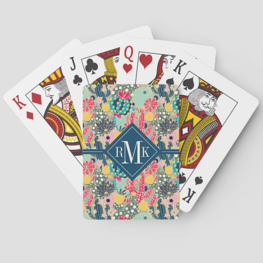 Tupfen-Kaktus-Muster des Monogramm-| buntes Spielkarten (Rückseite)