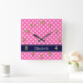 Tupfen-Marine-Blau-Namen-Monogramm des Pink-#2 Quadratische Wanduhr (Zuhause)