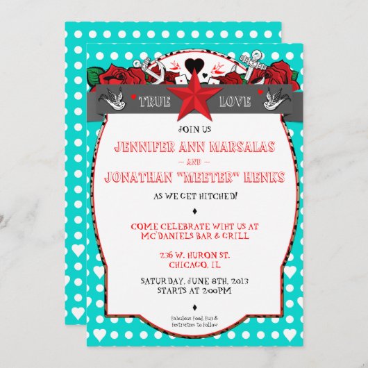 Tupfen-Tätowierungs-Rockabilly Hochzeits-Einladung Einladung (Vorne/Hinten)