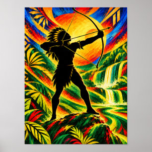 Tupinambá-Bogenschütze mit Silhouette von Bogen un Poster