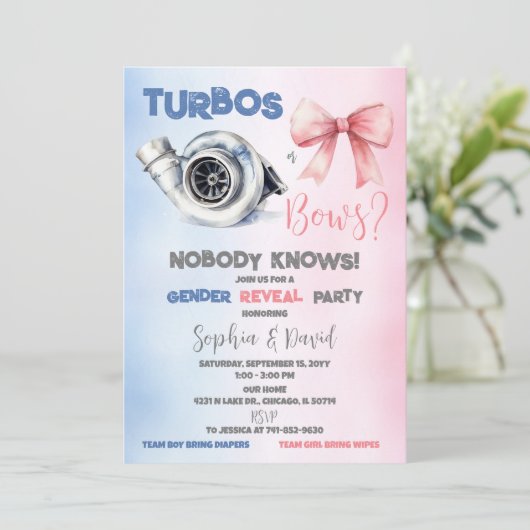 Turbos oder Bows Gender Reveal Party Einladung (Stehend Vorderseite)