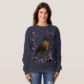 Turdus migratorios Vogel umgeben von Violett Viola Sweatshirt (Vorne ganz)