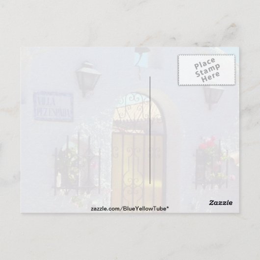 Türe im roten spanischen Stil, Marbella-Blume Postkarte (Rückseite)