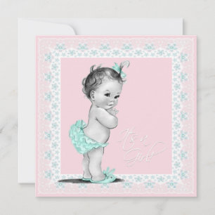 Türkblaue und rosa Vintage-Baby-Party für Mädchen Einladung