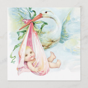 Türkblaue und rosafarbene Vintage-Storch-Babyparty Einladung