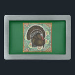 Türkei - Grüntöne Rechteckige Gürtelschnalle<br><div class="desc">Dieser prächtige Bronzesturtruthahn sieht gut aus auf einem Bett aus Grüntönen und Blume... und er wird sich in dir diesen Erntedank großartig fühlen!</div>