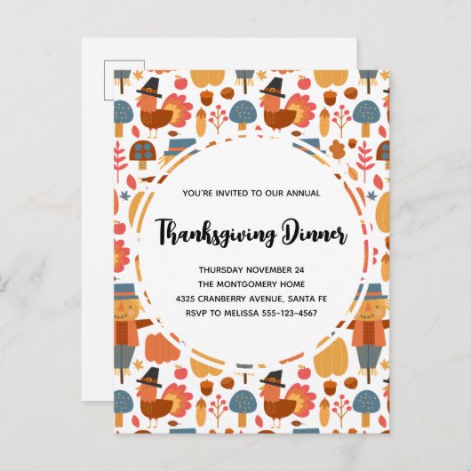 Türkei & Scarecrow Erntedank Muster Einladung (Vorne/Hinten)