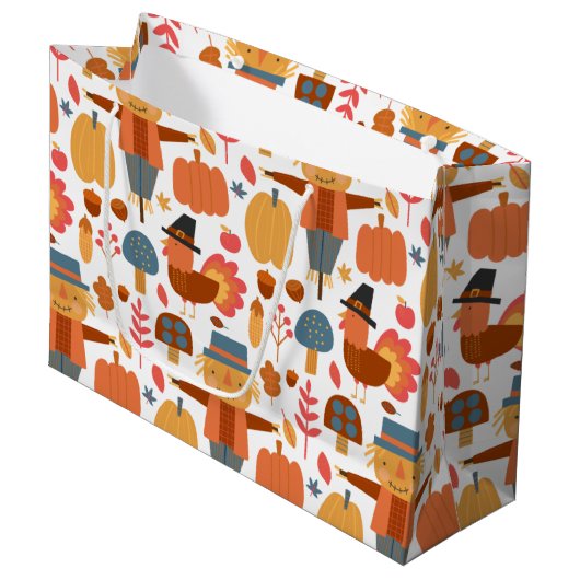 Türkei und Scarecrow Erntedank Pattern Große Geschenktüte (Vorderseite Schrägansicht)